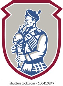 Illustration of a scotsman bagpiper playing bagpipes viewed from side set inside shield crest on isolated background done in retro woodcut style.