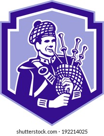 Illustration of a Scotsman bagpiper playing bagpipes viewed from front set inside shield crest on isolated background done in retro style.
