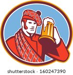 Illustration of a Scotsman Scottish beer drinker raising beer mug drinking looking up wearing tartan and beret hat set inside oval done in retro style.