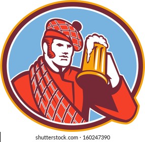 Illustration of a Scotsman Scottish beer drinker raising beer mug drinking looking up wearing tartan and beret hat set inside oval done in retro style.