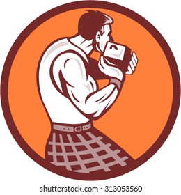 Illustration of a scotsman wearing kilt holding weight throwing viewed from rear set inside circle on isolated background done in retro style. 