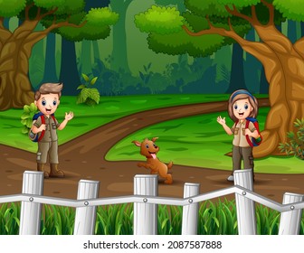 Illustration of scout boy and girl hiking through a dirt road in the forest