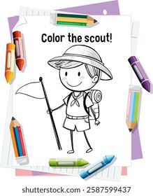 Illustration of a scout with colorful crayons