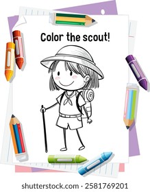 Illustration of a scout with coloring pencils