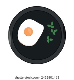 illustration of scrambled eggs on a black plate with spinach leaves