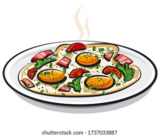illustration of the scrambled fried eggs with ham and parsley on the plate