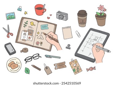 Illustration of scraps and notes on notebook and tablet