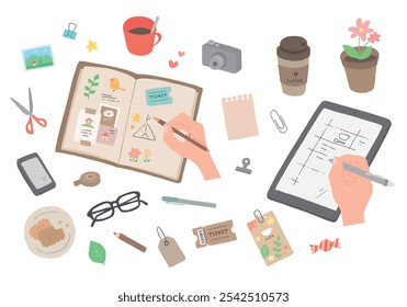 Ilustração de sucatas e notas em notebook e tablet