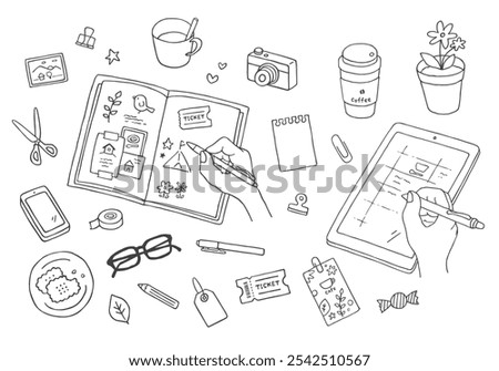 Illustration of scraps and notes on notebook and tablet