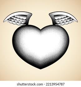 Illustration of Scratchboard Engraved Angel Heart with White Fill isolated on a Beige Background