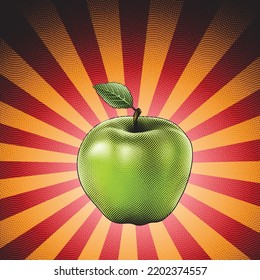 Ilustración de cartón de chapa grabado de Apple en fondo a rayas