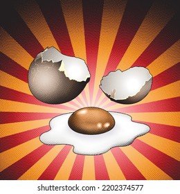 Illustration of Scratchboard Engraved Broken Egg on Striped Background