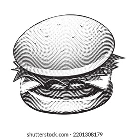 Illustration of Scratchboard Engraved Burger on White Background