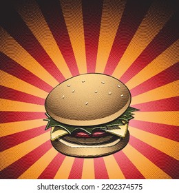 Illustration of Scratchboard Engraved Burger on Striped Background