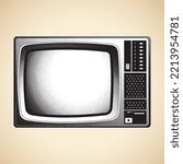 Illustration of Scratchboard Engraved CRT TV with White Fill isolated on a Beige Background