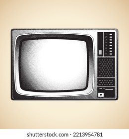 Illustration of Scratchboard Engraved CRT TV with White Fill isolated on a Beige Background