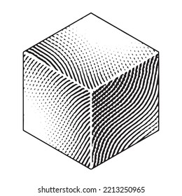 Illustration of Scratchboard Engraved Cube isolated on a White Background