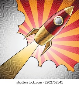 Illustration of Scratchboard Engraved Diagonal Rocket and Clouds on Striped Background