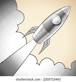 Illustration of Scratchboard Engraved Diagonal Rocket and Clouds with White Fill