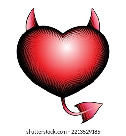 Illustration of Scratchboard Engraved Evil Heart with Red Fill isolated on a White Background