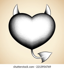 Illustration of Scratchboard Engraved Evil Heart with White Fill isolated on a White Background