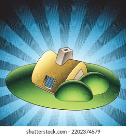 Illustration of Scratchboard Engraved Fairytale House in a Green Garden with Bushes on Striped Background