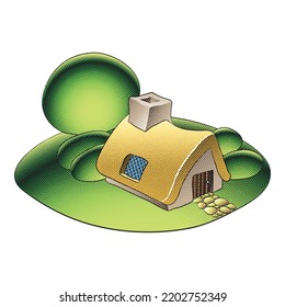 Illustration of Scratchboard Engraved Fairytale House, Trees and Bushes in a Green Garden with Colorful Fill