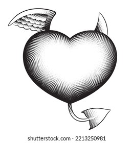 Illustration of Scratchboard Engraved Good and Evil Heart isolated on a White Background