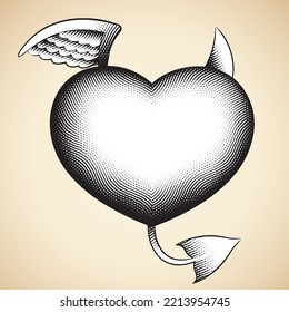 Illustration of Scratchboard Engraved Good and Evil Heart with White Fill isolated on a White Background