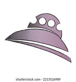 Illustration of Scratchboard Engraved Icon of Alien Ship with Purple Fill isolated on a White Background
