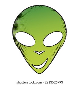Illustration of Scratchboard Engraved Icon of Alien Face with Green Fill isolated on a White Background