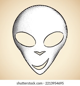 Illustration of Scratchboard Engraved Icon of Alien Face with White Fill isolated on a Beige Background