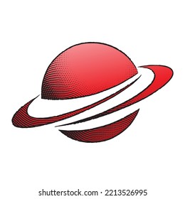 Illustration of Scratchboard Engraved Icon of a Planet with Red Fill isolated on a White Background