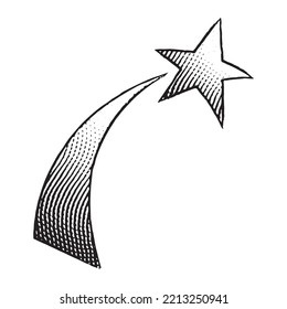 Illustration of Scratchboard Engraved Icon of a Shooting Star isolated on a White Background