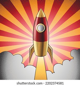 Illustration of Scratchboard Engraved Rocket Launching Over a Striped Background