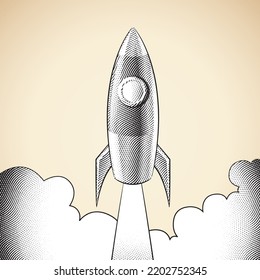 Illustration of Scratchboard Engraved Rocket Launching Over a Beige Background