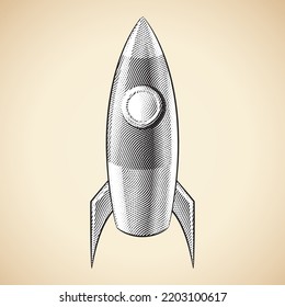 Illustration of Scratchboard Engraved Rocket with White Fill