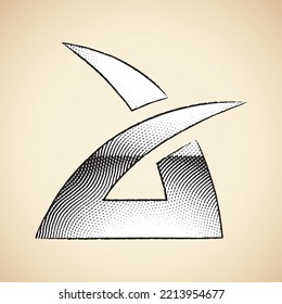 Illustration of Scratchboard Engraved Spiky Lowercase Letter A with White Fill isolated on a Beige Background