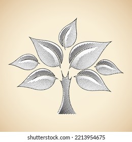 Illustration of Scratchboard Engraved Tree with White Fill isolated on a Beige Background
