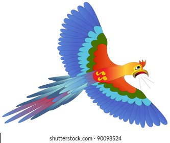 illustration screaming afraid blue parrot flies on white