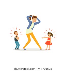 Illustration of screaming children and crying mother
