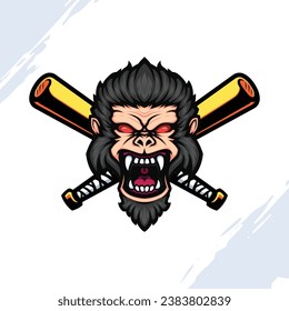Illustration of a Screaming Gorilla Head with an Angry Face with Two Crossed Golden Baseball Bats