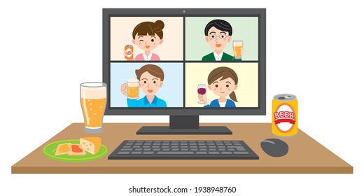 Ilustración de la pantalla de una computadora de escritorio que sostiene una fiesta de bebida en línea