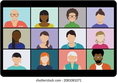 ILLUSTRATION OF A SCREEN WITH SEVERAL PEOPLE OF DIFFERENT ETHNICS IN A VIRTUAL MEETING