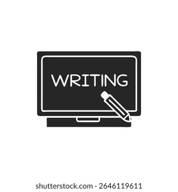 Illustration of a screen with 'WRITING' text, featuring a pencil graphic. Simple design, clean lines, for education and digital content.