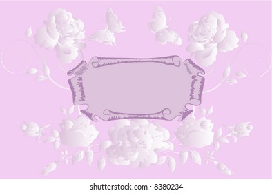 illustration with scroll and flowers on pink background