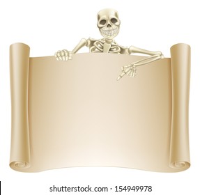 An illustration of a scroll sign with a skeleton character pointing down at it. Great for Halloween or other horror theme.