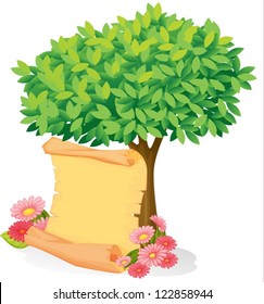 Illustration of a scroll under a tree on a white background