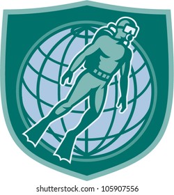 Illustration of a scuba diver diving dive with globe set inside shield on isolated white background.