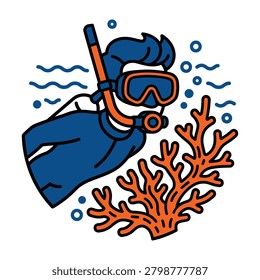 Illustration of a scuba diver exploring a coral reef underwater with underwater snorkeling exploration adventure swimming scubadiving snorkeler